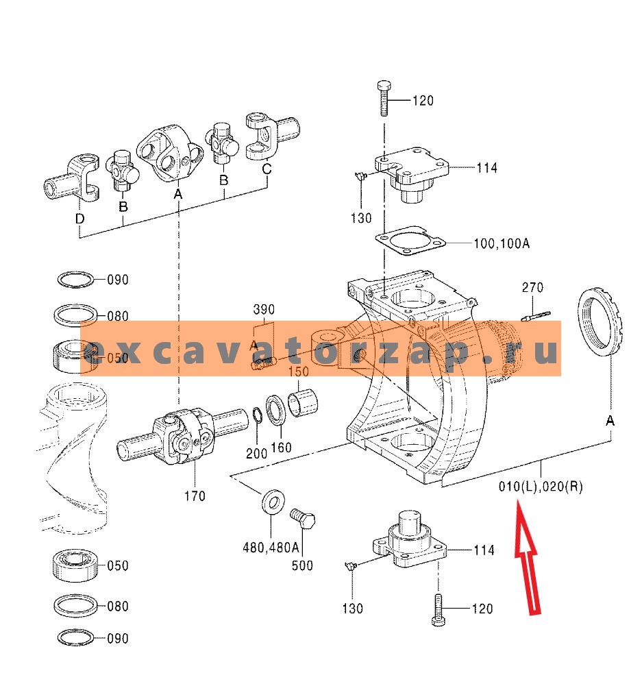 Кулак поворотный 0884401 левый переднего моста экскаватора Hitachi ZX130W, ZX130W-AMS, ZX160W, ZX160W-AMS